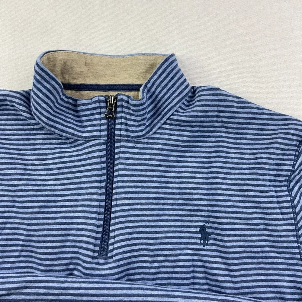 Polo Ralph Lauren Sweater Men Sz 2XL 1/4 Zip Striped Jersey Pullover Blue Pony